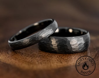 Obsidian Black Hammered Tungsten Wedding Ring Set, 8mm/4mm Wedding Bands