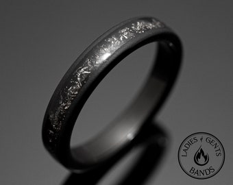 4mm Black Meteorite Sandblasted Wedding ring, Black obsidian sandblasted Wedding Band