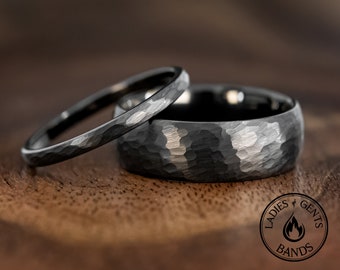 Black Hammered Wedding Ring Set, 2mm/8mm Obsidian-style Tungsten Wedding Bands