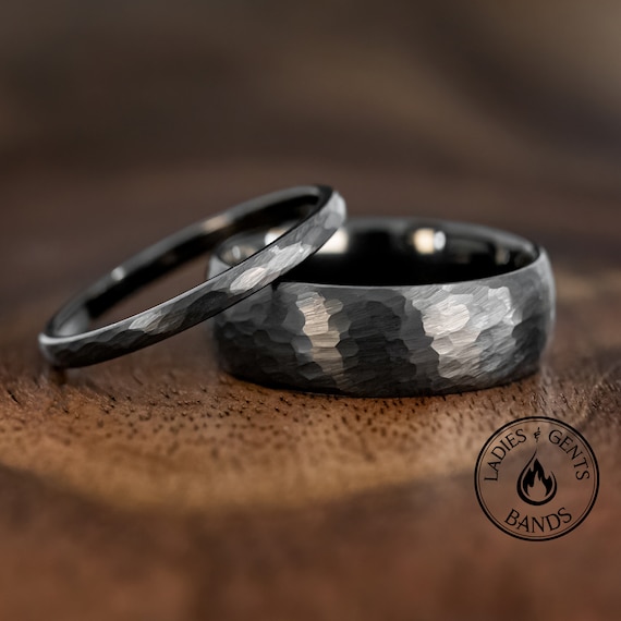 Hammered black tungsten wedding bands sale