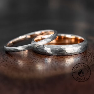 Hammered Silver Rose Gold Tungsten Wedding Ring Set His and Hers, 4mm/2mm Bands Active