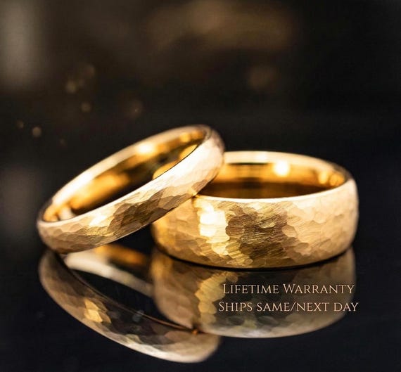 4mm/8mm Gold Hammered Tungsten Wedding Ring Set His and Hers | Alternative Yellow Gold Wedding Bands |Antique Vintage Style Engagement Bands