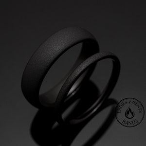 Black Sandblasted Obsidian-style Tungsten Wedding Ring Set His and Hers, 2mm/6mm Bands