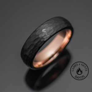 6mm Hammered Black Obsidian Tungsten Carbide Wedding Band with Rose Gold