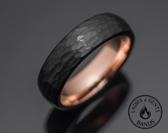 6mm Hammered Black Obsidian Tungsten Carbide Wedding Band with Rose Gold