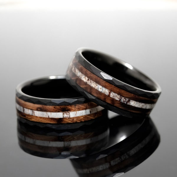 8mm Black Hammered Wedding Ring, Charred Whiskey Barrel and Antler inlay Mens Unisex Wedding Band