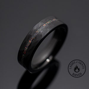 6mm Black Hammered Obsidian-style Wedding Ring, Bello opal Wedding Ring, Tungsten Carbide Unisex Ring