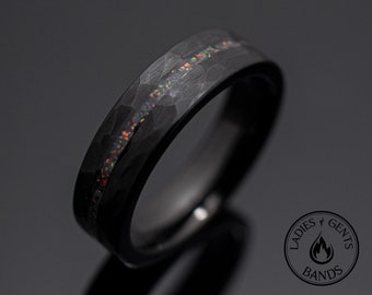 6mm Black Hammered Obsidian-style Wedding Ring, Bello opal Wedding Ring, Tungsten Carbide Unisex Ring