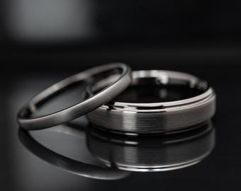 Black Brushed Obsidian Tungsten Wedding Ring Set His and Hers, 2mm/6mm Bands