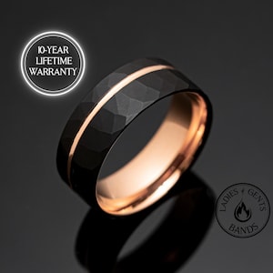 Alianza de boda de tungsteno y obsidiana de oro rosa martillado negro, 8 mm, para hombre