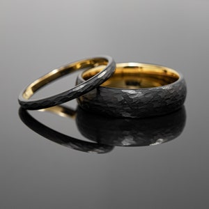 Black Hammered Obsidian Gold Tungsten Wedding Ring Set His and Hers, 2mm/6mm Bands image 3