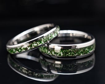 Anel de Ágata Musgosa, Conjunto de Alianças de Tungstênio Prateado - Anel Masculino e Feminino de 4 mm e 6 mm