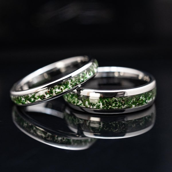 Anillo de ágata musgosa y anillo de boda de tungsteno plateado - Anillo para hombre y mujer de 4 mm y 6 mm