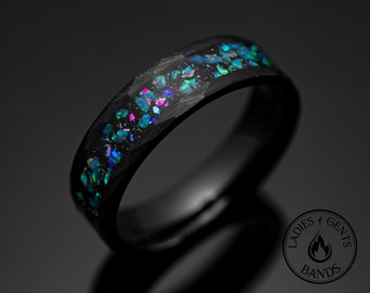 Galaxy Opal Wedding Ring in Black Hammered Tungsten, Dark Sandstone Band in 6mm Width
