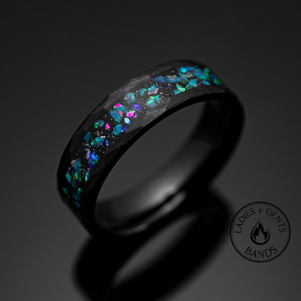 Black Hammered Galaxy Opal Wedding Ring, Black Sandstone in 6mm Width