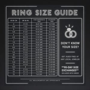 May include: Ring size guide with US & CA and UK & AU sizes, circumference, and diameter measurements in millimeters. Includes a graphic of two rings and text: "Don't know your size?" and "Get sized free at any local jeweler."
