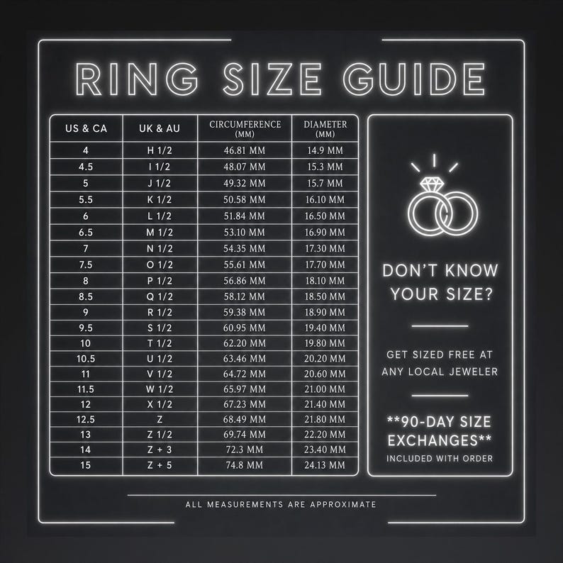 May include: Ring size guide with US & CA and UK & AU sizes, circumference, and diameter measurements in millimeters. Includes a graphic of two rings and text: "Don't know your size?" and "Get sized free at any local jeweler."