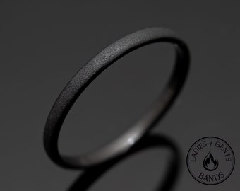 2mm Black Obsidian-Style Wedding Band, Thin Sandblasted Tungsten Ring, Minimalist Black Ring