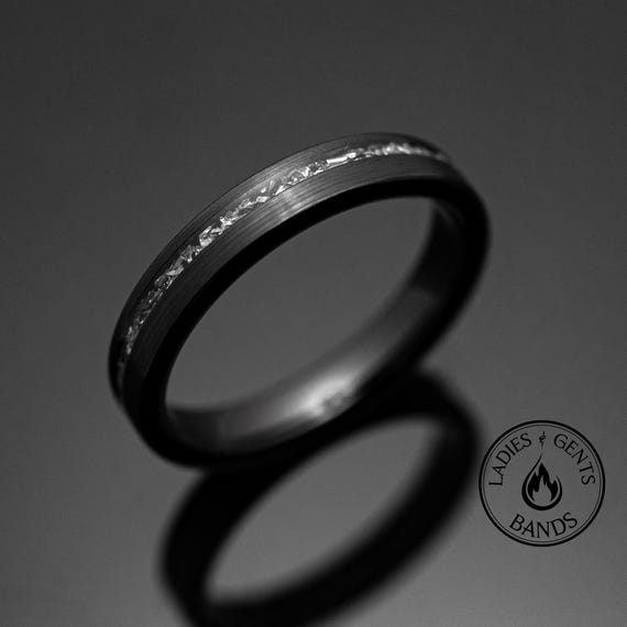 4mm Black Meteorite Brushed Wedding Ring, Black Obsidian