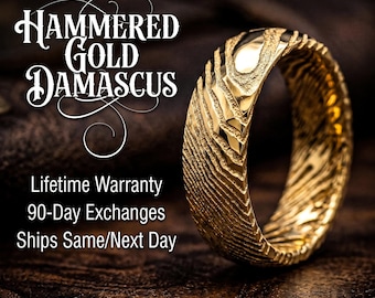 Hammered Gold Damascus Ring Men | Unique Mens Wedding Band Gold | Damascus Wedding Band |Rustic Viking Wedding Ring Damascus Engagement Ring