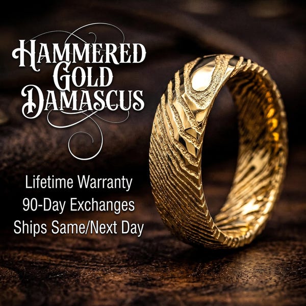 Hammered Gold Damascus Ring Men | Unique Mens Wedding Band Gold | Damascus Wedding Band |Rustic Viking Wedding Ring Damascus Engagement Ring