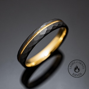 Black Hammered Obsidian Wedding Band, Gold Tungsten Ring For Her in 4mm | For Him