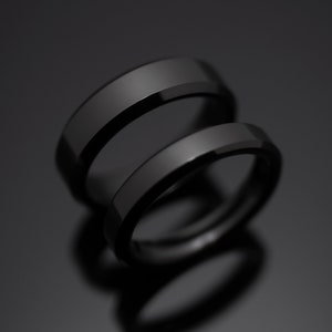 Black Obsidian Tungsten Wedding Ring Set His and Hers, 4mm and 6mm bands