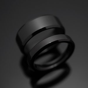 Black Obsidian Tungsten Wedding Ring Set His and Hers, 4mm and 8mm bands