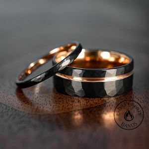 Hammered Obsidian Rose Gold Tungsten Wedding Ring Set His and Hers, 2mm/8mm Bands Active