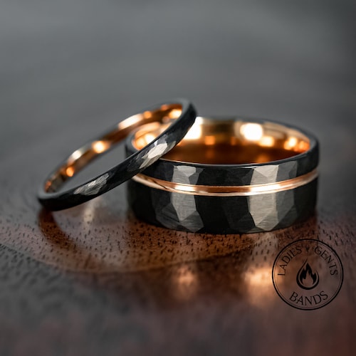 Hammered Obsidian Rose Gold Tungsten Wedding Ring Set His and Hers