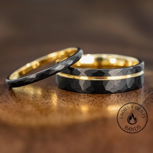 Black Hammered Obsidian Gold Tungsten Wedding Ring Set His and Hers, 2mm/6mm Bands Active