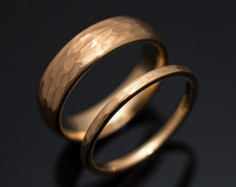Gold Hammered Tungsten Wedding Ring Set His and Hers, 2mm/6mm Bands