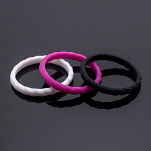 Women Silicone Wedding Rings in Pack of 3 in White, Black, and Plum Purple
