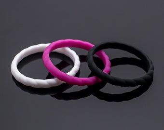 Women Silicone Wedding Rings in Pack of 3 in White, Black, and Plum Purple