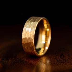 Hammered Gold Wedding Band | Yellow Gold Tungsten Ring in 8mm Width