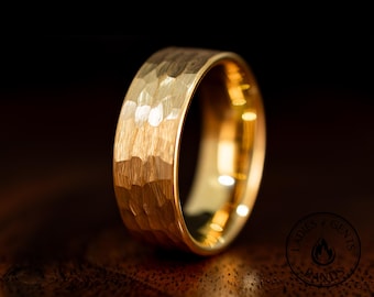 Hammered Gold Wedding Band | Yellow Gold Tungsten Ring in 8mm Width