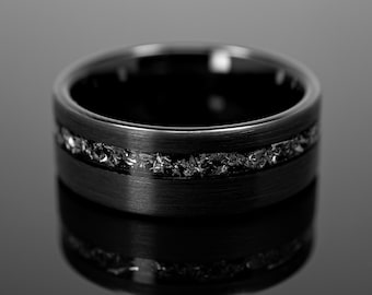 Meteorite Wedding Band in 8mm, Black obsidian brushed Mens Wedding Ring