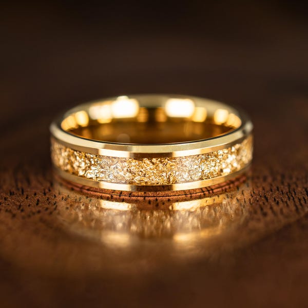 18k Gold Mens Gold Leaf Tungsten Wedding Ring | Alternative Engagement Band in 6mm width | Antique Yellow Gold Anniversary