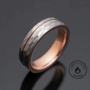 Custom Hammered Silver Wedding Band with Rose Gold Inlay, 6mm Wedding Ring