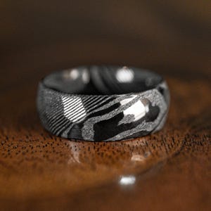 Black Damascus Steel Hammered Wedding Band | Unique Mens Ring Black Steel 8mm Ring