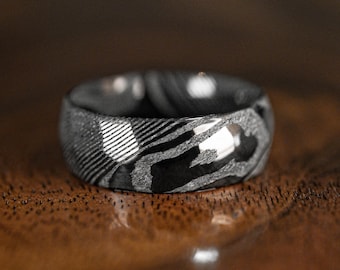 Black Damascus Steel Hammered Wedding Band | Unique Mens Ring Black Steel 8mm Ring