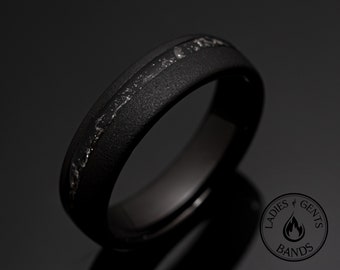 6mm Black Meteorite Sandblasted Wedding ring, Black obsidian sandblasted Mens Wedding Band