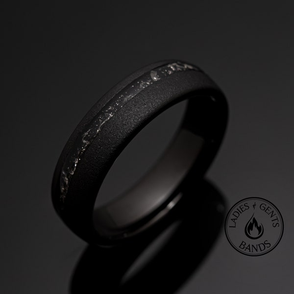 6mm Black Meteorite Sandblasted Wedding ring, Black obsidian sandblasted Mens Wedding Band