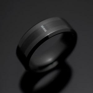 8mm Black Obsidian Tungsten Wedding Band, Black Center Brush Wedding Ring Unisex