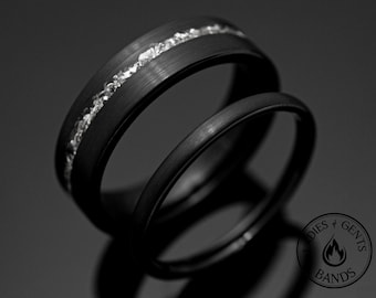 Black Brushed Meteorite style Tungsten Wedding Ring Set His and Hers, 2mm/6mm Bands