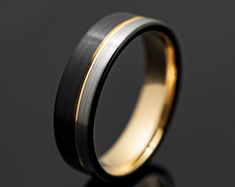 6mm Black & Gold Obsidian Tungsten Wedding Band, Silver Brushed Mens Ring