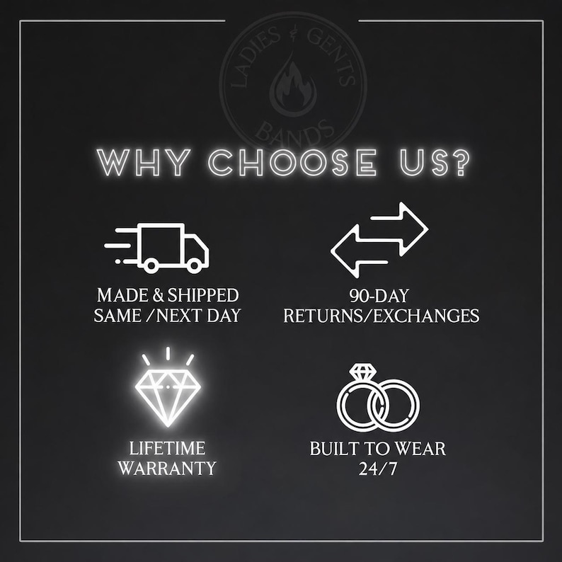May include: A black informational graphic with white text and icons. The header reads WHY CHOOSE US? below a logo. Icons include a delivery truck, exchange arrows, a diamond, and two rings, with text detailing service policies and product durability.