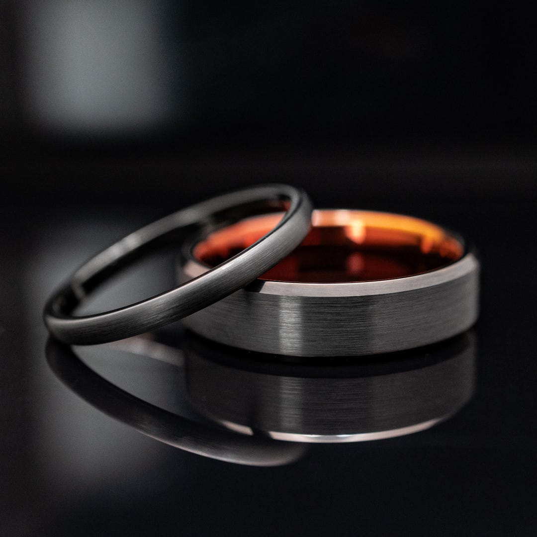 Black Brushed Obsidian Tungsten Wedding Ring Set His and Hers