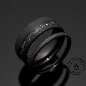 Black Sandblasted Obsidian Meteorite Tungsten Wedding Ring Set His and Hers, 2mm/8mm Bands