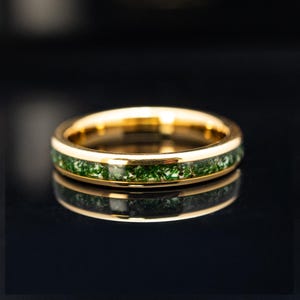 Moss Agate Tungsten Wedding Ring: 4mm Gold Inlay Band